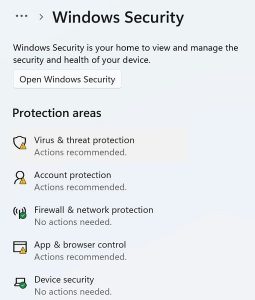 اختبار إعدادات البرامج الضارة لمكافحة الفيروسات خيارات أمان Windows